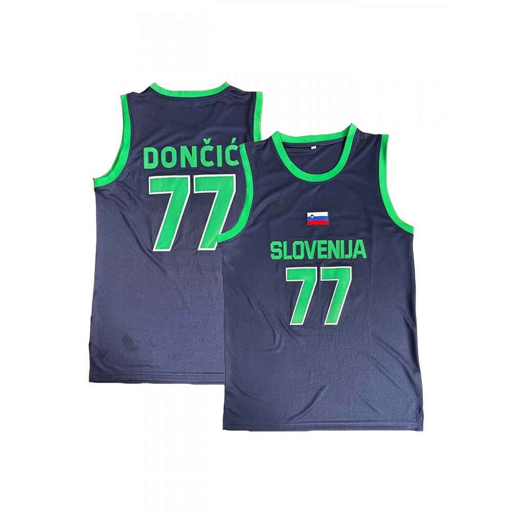 Men's Slovenia #77 Basketball Jersey - Navy Blue and Green, Breathable Polyester, Letter & Number, Loose Fit, Crew Neck, Ideal for Team Sports & Casual Wear, Team Apparel|Sleeveless Jersey|Durable Fabric Men's Slovenia #77 Basketball Jersey - Navy Blue and Green, Breathable Polyester, Letter & Number, Loose Fit, Crew Neck, Ideal for Team Sports & Casual Wear, Team Apparel|Sleeveless Jersey|Durable Fabric