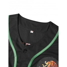 1pc Mexico Men'S V-Neck Baseball Jersey - Breathable Polyester Sports Top with Lettering and Emblem, Casual Loose-Fit for Training and Beachwear, Available in Black, White, and Red