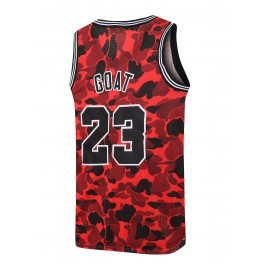 Men's #23 Goat Camo Blend Basketball Jersey - Retro 90's Style, Breathable & Quick-Dry, Sleeveless Sports Uniform for Parties & Training, Red/Black/Brown, Moisture-Wicking Nylon/Spandex
