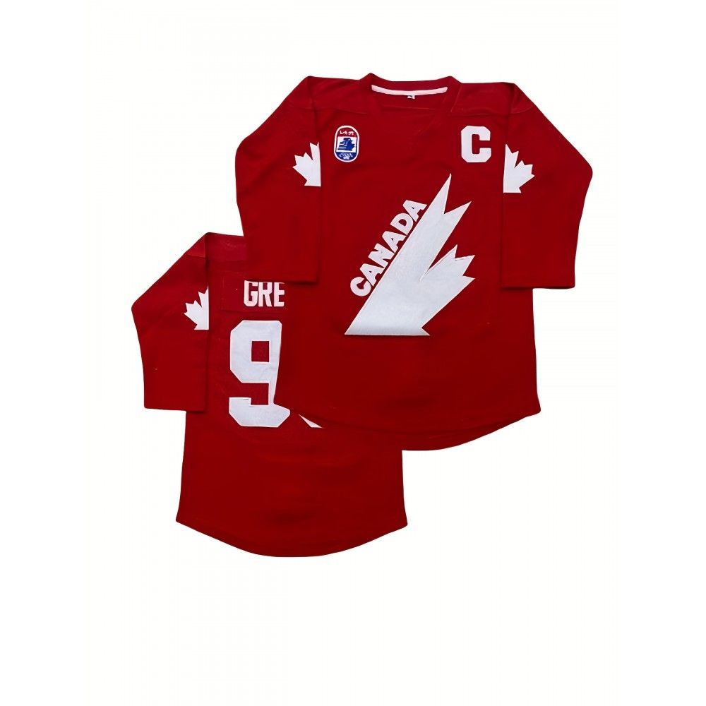 Gretzky #99 Canada Cup Team Ice Hockey Jersey - Vintage Red & White Design, Breathable Polyester, V-Neck, Long Sleeve, Details, Perfect for Casual Wear, Parties & Sports