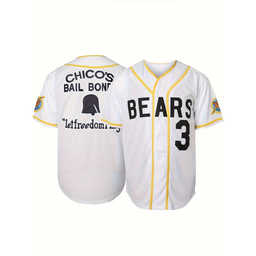 1pc Men'S Polyester Baseball Jersey - Bad News Bears #3 Tanner Boyle 1976 Chico'S Bail Bonds Embroidered Design, V-Neck, Short Sleeve, Loose Fit, Breathable & Moisture-Wicking, Button-Up Shirt for Sports & Festive Occasions, S-XXXL