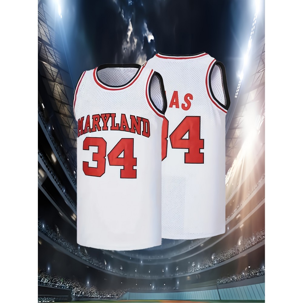 Men's #34 Maryland Basketball Jersey - Breathable Mesh Sports Training Uniform, White & Red, S-3XL, Comfortable for Casual & Athletic Wear Men's #34 Maryland Basketball Jersey - Breathable Mesh Sports Training Uniform, White & Red, S-3XL, Comfortable for Casual & Athletic Wear