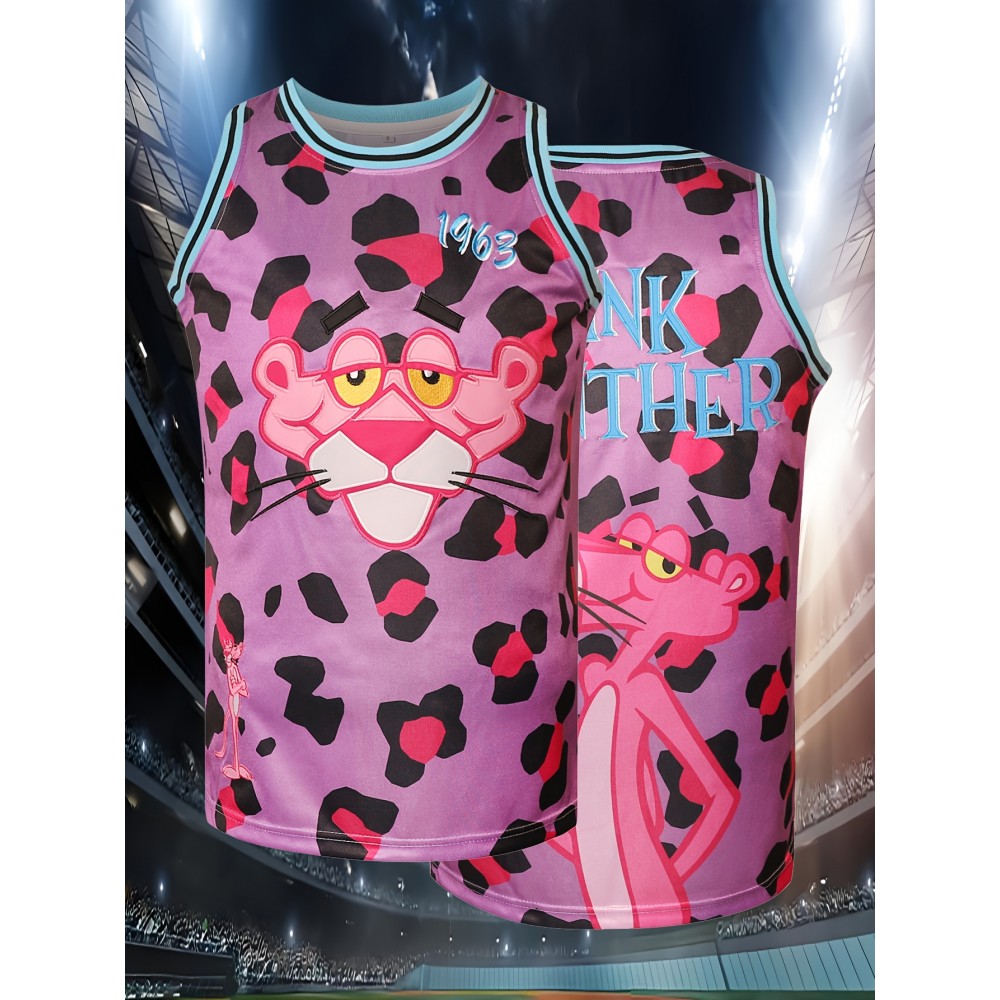 Men's Pink Panther Basketball Jersey with Purple Spots - Vintage 1963 Design, Loose Fit for Training, Team Sports & Casual Wear, Sizes S-3XL Men's Pink Panther Basketball Jersey with Purple Spots - Vintage 1963 Design, Loose Fit for Training, Team Sports & Casual Wear, Sizes S-3XL