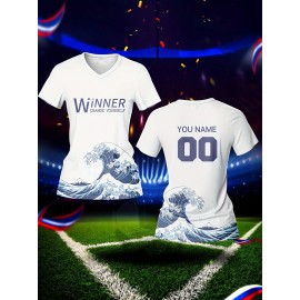Customized Women's V-Neck Football Jersey - Personalized Name & Number, Breathable Quick-Dry Fabric, Japanese Wave Print Design for Team Training, Fitness & Casual Wear (Spring/Summer/Fall), Personalized Football Jersey, Quickdry Sportswear