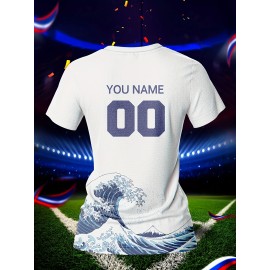 Customized Women's V-Neck Football Jersey - Personalized Name & Number, Breathable Quick-Dry Fabric, Japanese Wave Print Design for Team Training, Fitness & Casual Wear (Spring/Summer/Fall), Personalized Football Jersey, Quickdry Sportswear